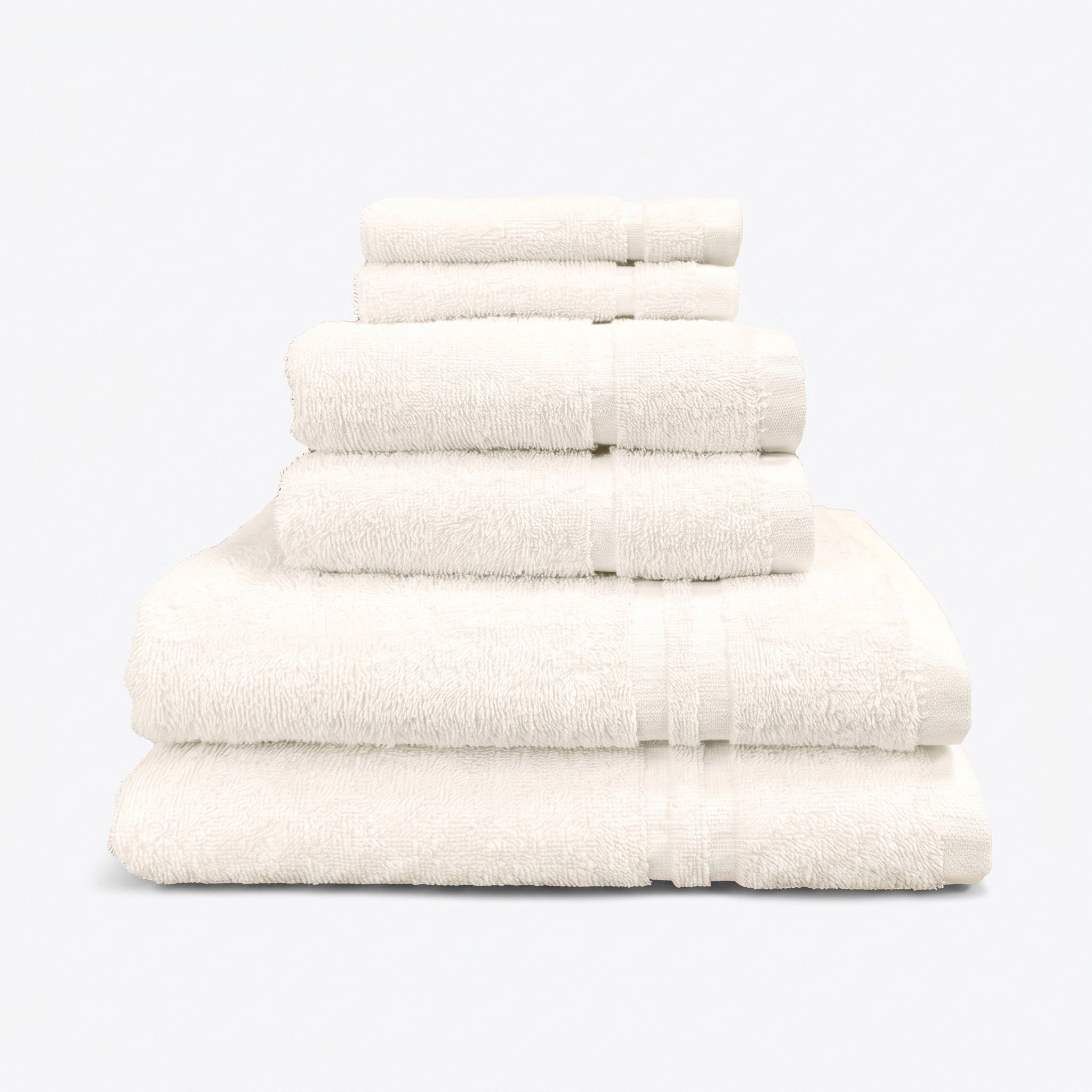 Cream set of 6 towels for the bathroom, face cloths, hand towels and bath sheet - bathroom essentials bundle.