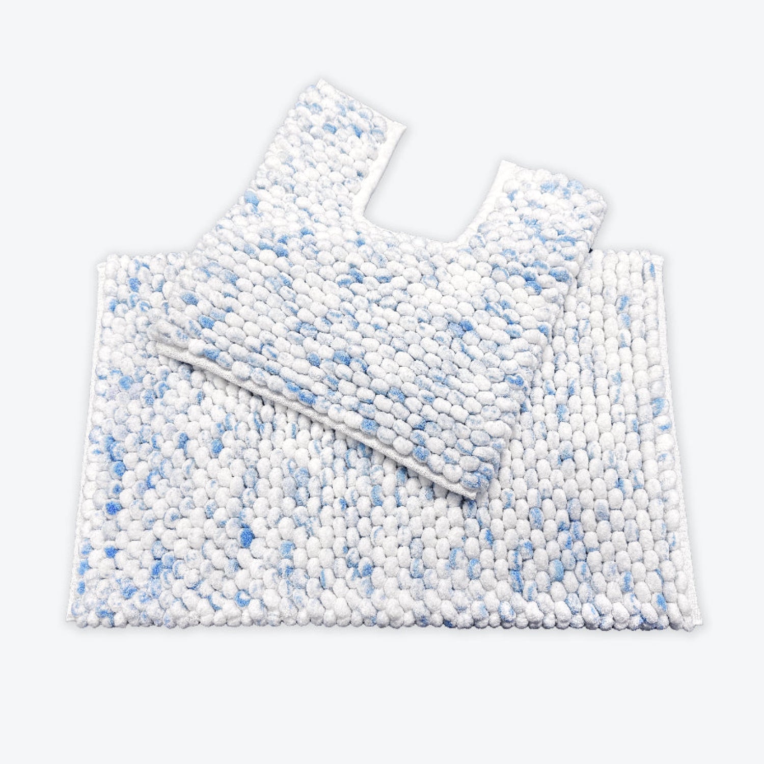 White and blue bathroom mats set - 2pc bath mat and pedestal mat.