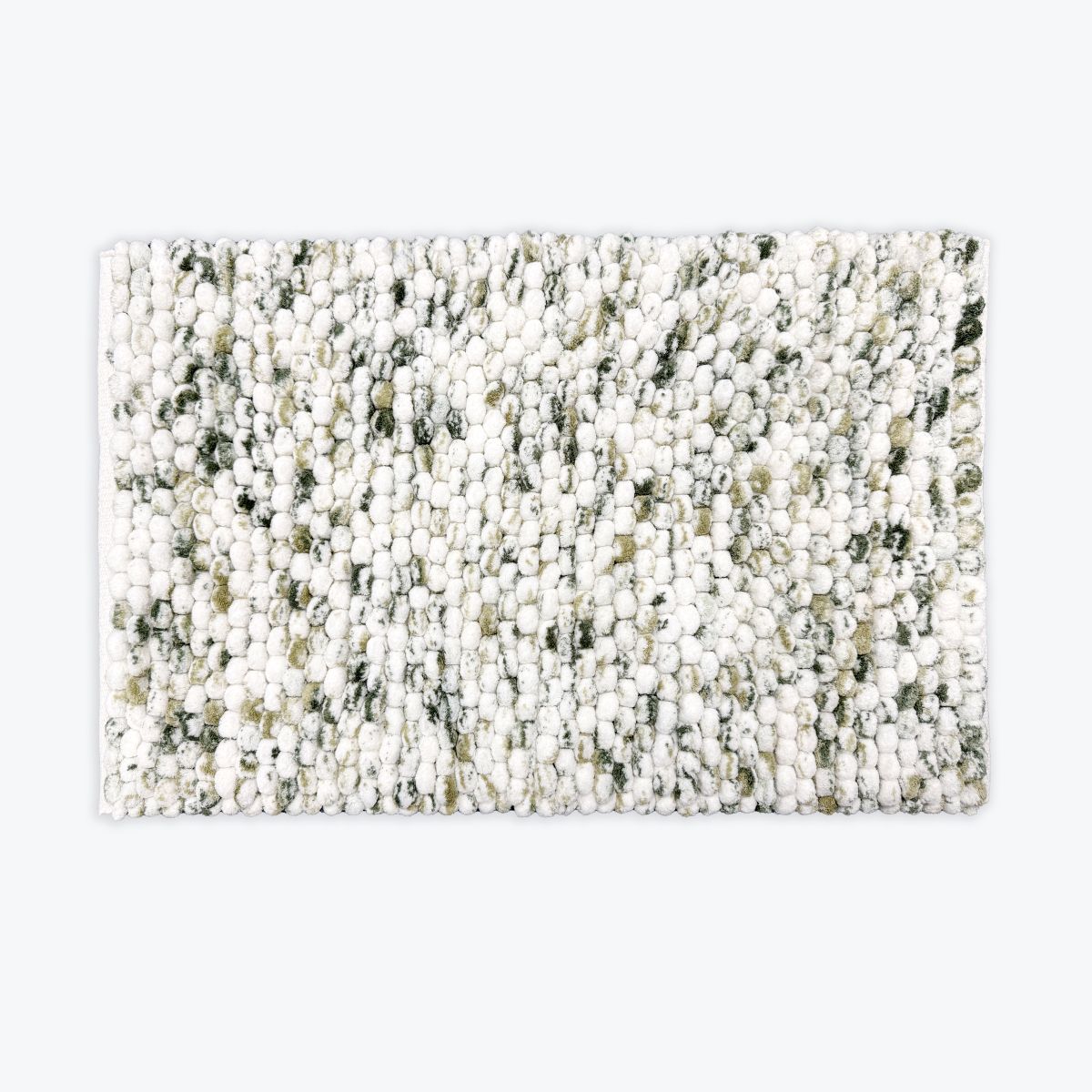 Green marble bathroom mats made from handwoven chunky bobbles.