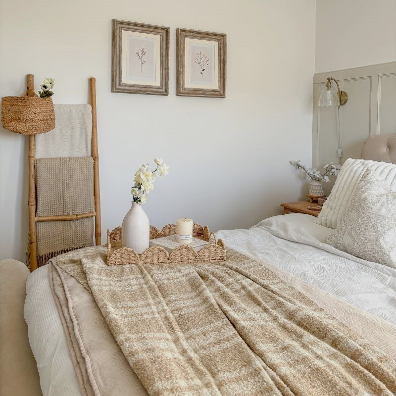 Neutral beige tartan throw blanket