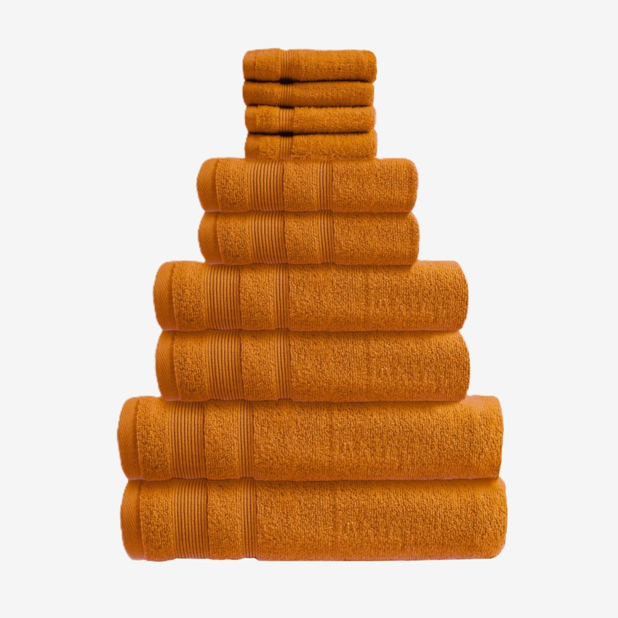 Rust orange set of 10 towels made from Egyptian cotton.