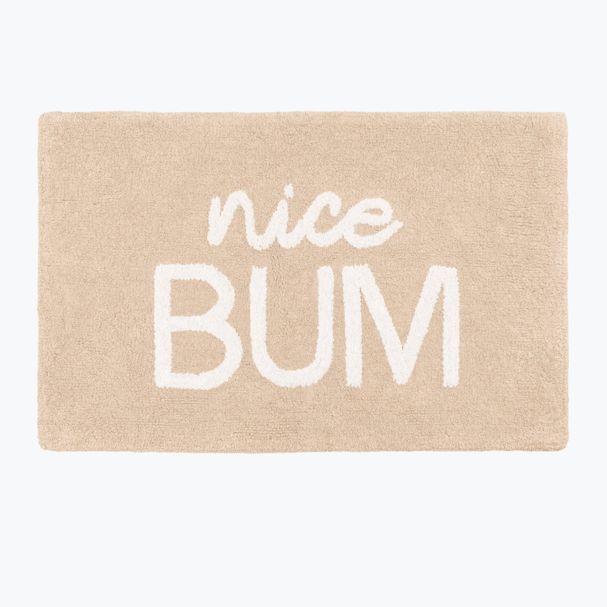 Beige slogan bath mat with nice bum text - funny bathroom decor.