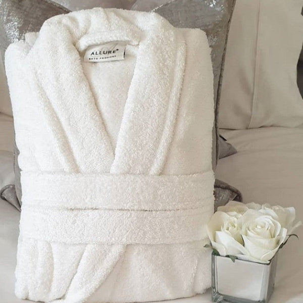 White spa bathrobes in towelling materials, luxury heavyweight quality.