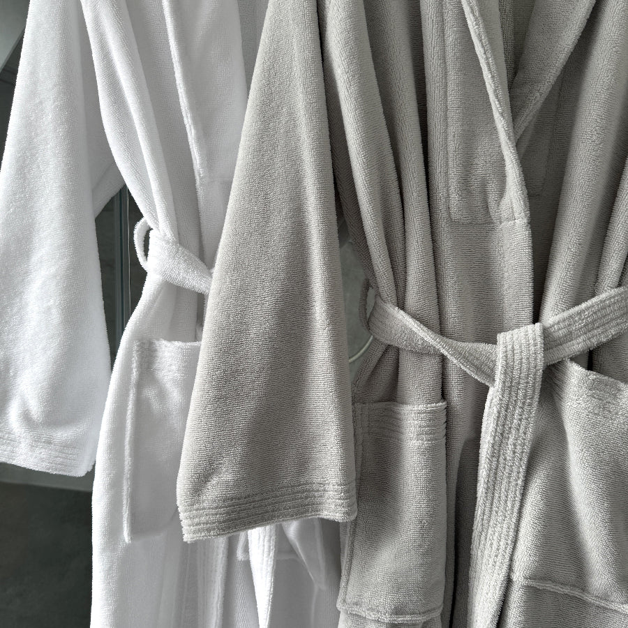 Velour dressing gown with towelling inner for super softness and absorbency.
