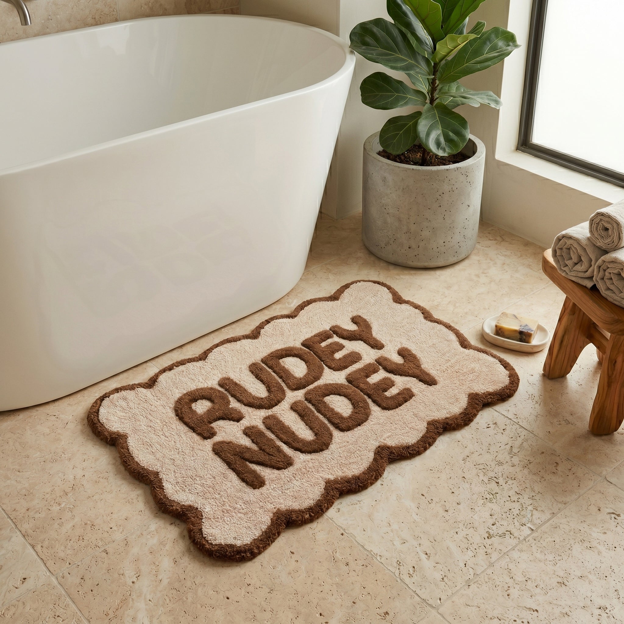 Brown and cream scalloped bath mat with rudey nudey slogan - fun but neutral bathroom styling.