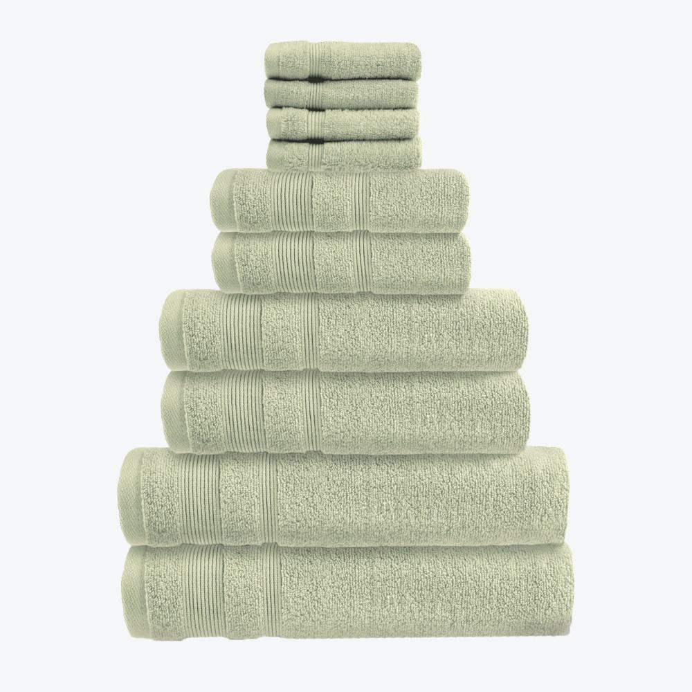 Sage Green Zero Twist 10pc Towel Set Egyptian Cotton Bathroom Towel Bale. Hand Towels, Bath Towels, Bath Sheets, and Face Cloths