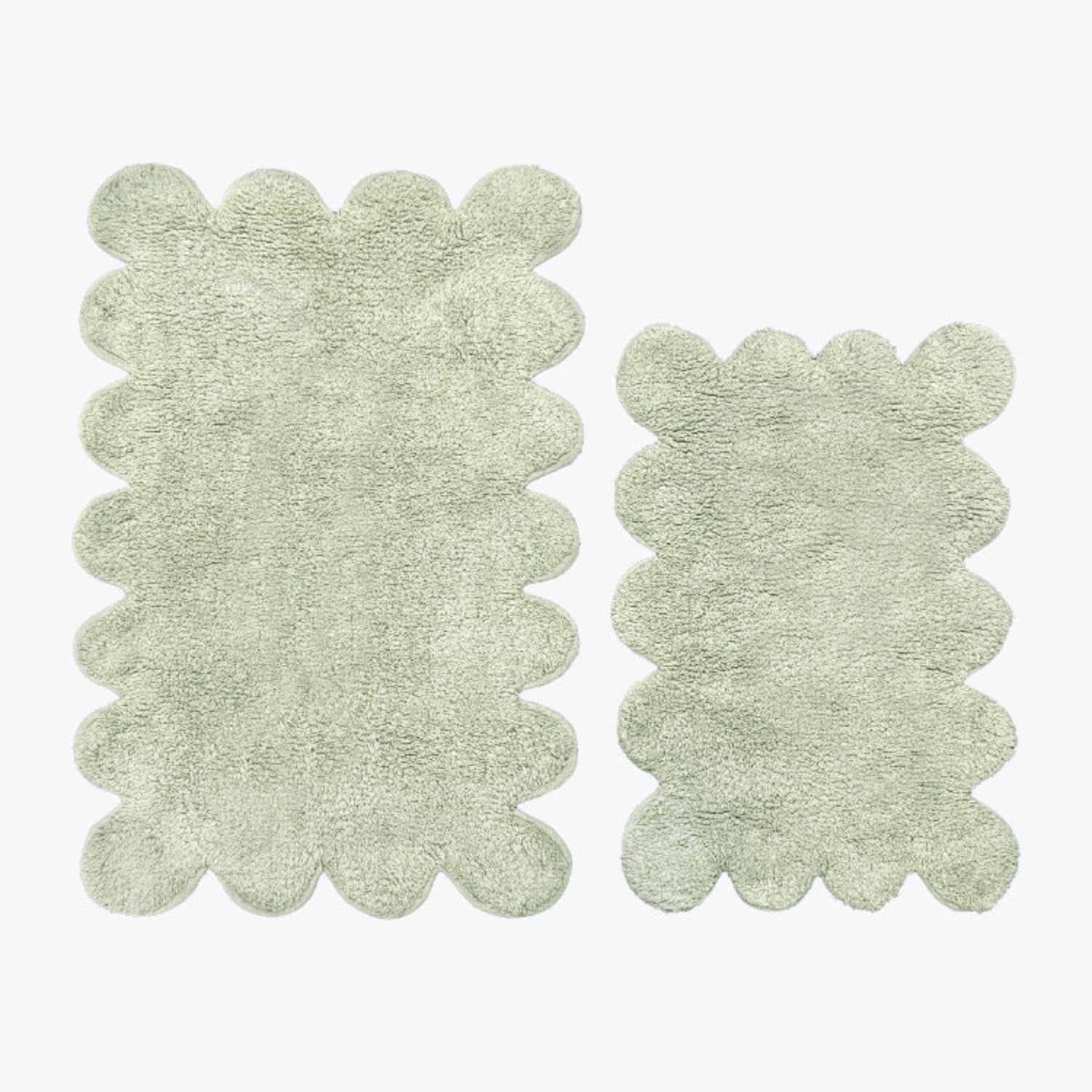 Sage green bath mats in scalloped design, 2pc set. Scallop rugs.