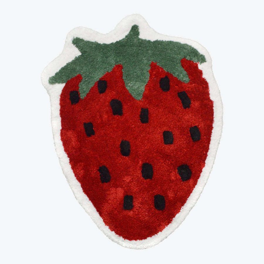 Red strawberry bath mat, hand tufted fun, fruit design. Strawberry rug, cute girly home decor.