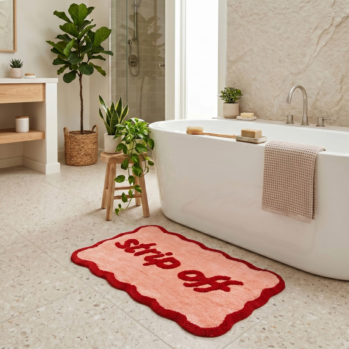 Strip Off Slogan Scalloped Bath Mat