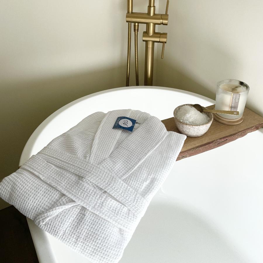 White hotel spa robe, waffle bathrobe unisex.