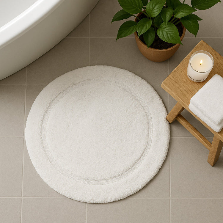 White round bath mat made from cotton, non slip backing.