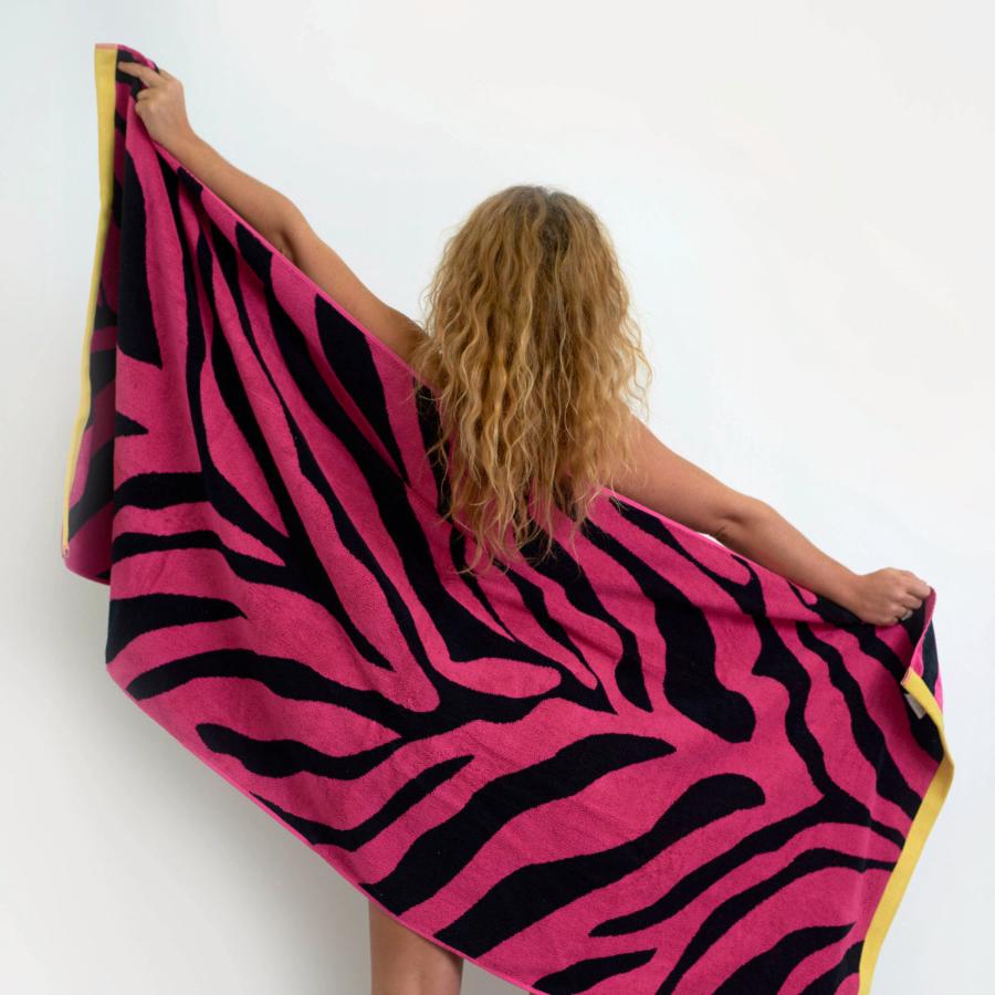 Hot pink beach towel, large beach towel in zebra print.