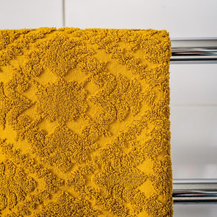 Mustard Bath Towel - Textured Sculpted Floral Patterned Towels