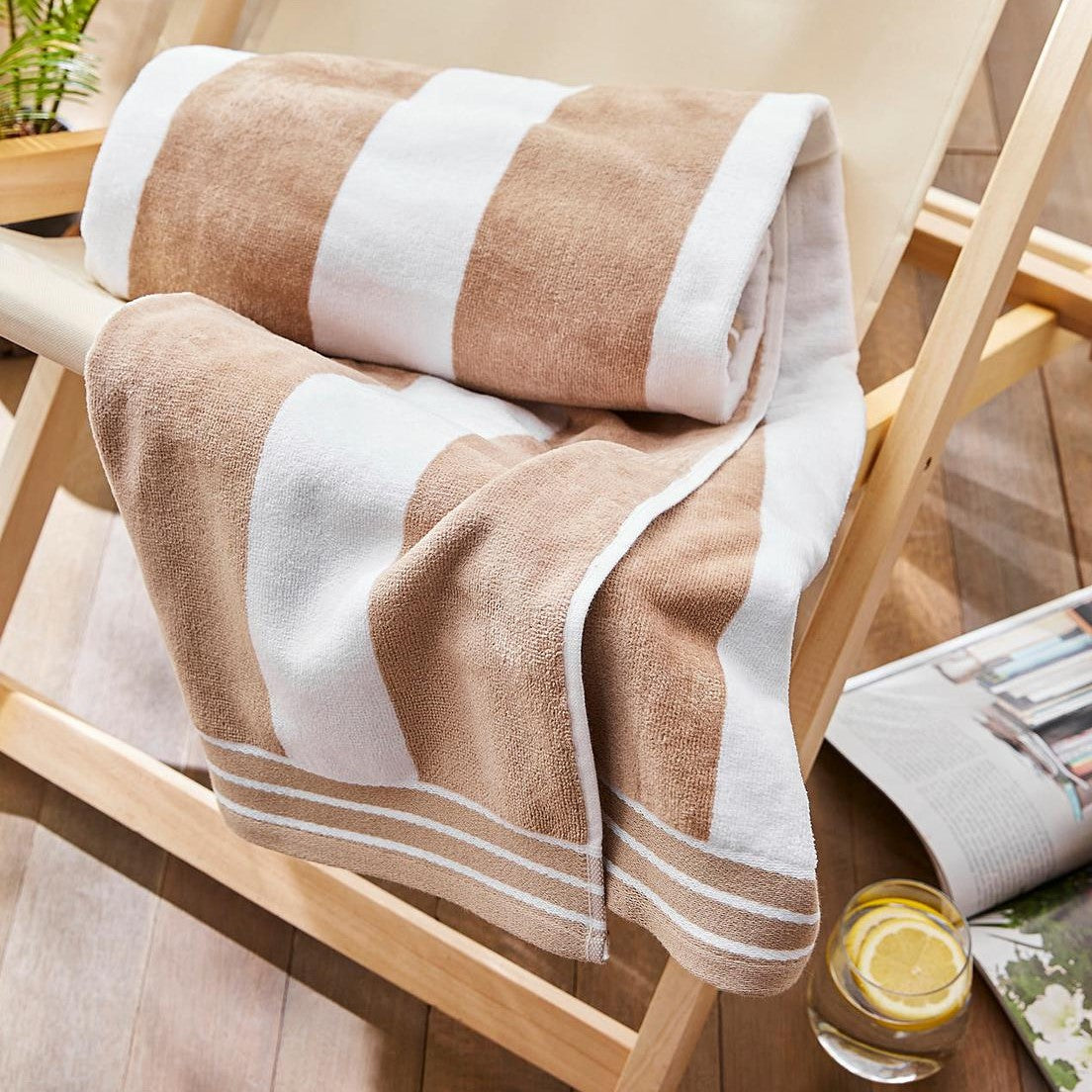 Neutral beach towel, beige and white striped towel