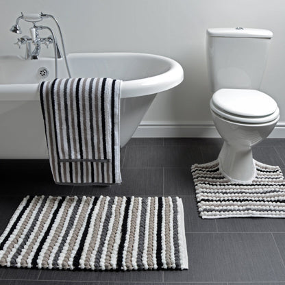 Monochrome striped bathroom mat set - 2pc bath mat and pedestal set in chunky bobble striped design
