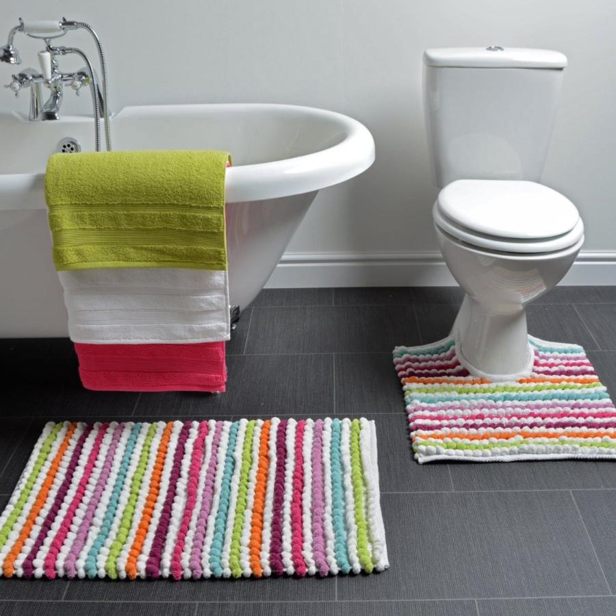 Rainbow Striped Pedestal and bath mat set - Super Soft Chunky Bobbles