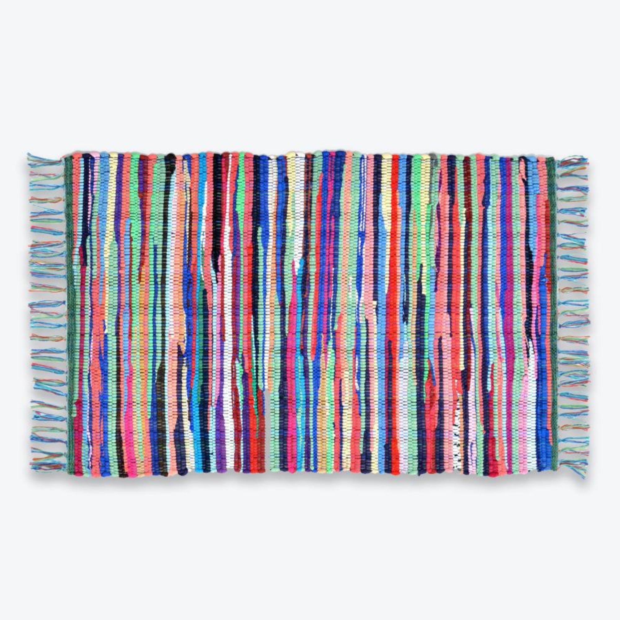 Colourful chindi rag rug 60 x 90cm with tasselled fringe, dispatched from UK.
