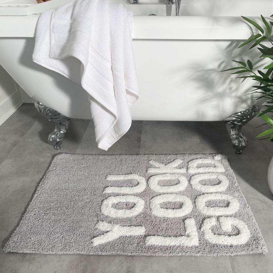 you look good slogan bath mat, grey and white