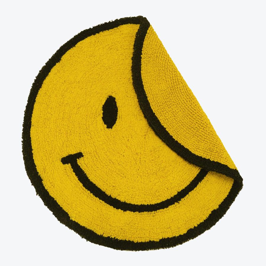 Circular smiley face rug, reversible design. Yellow emoji rug for the bedroom or kids decor.