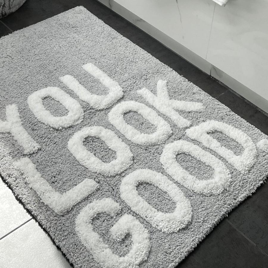 slogan bath mat, hand tufted you look good bathroom rug.