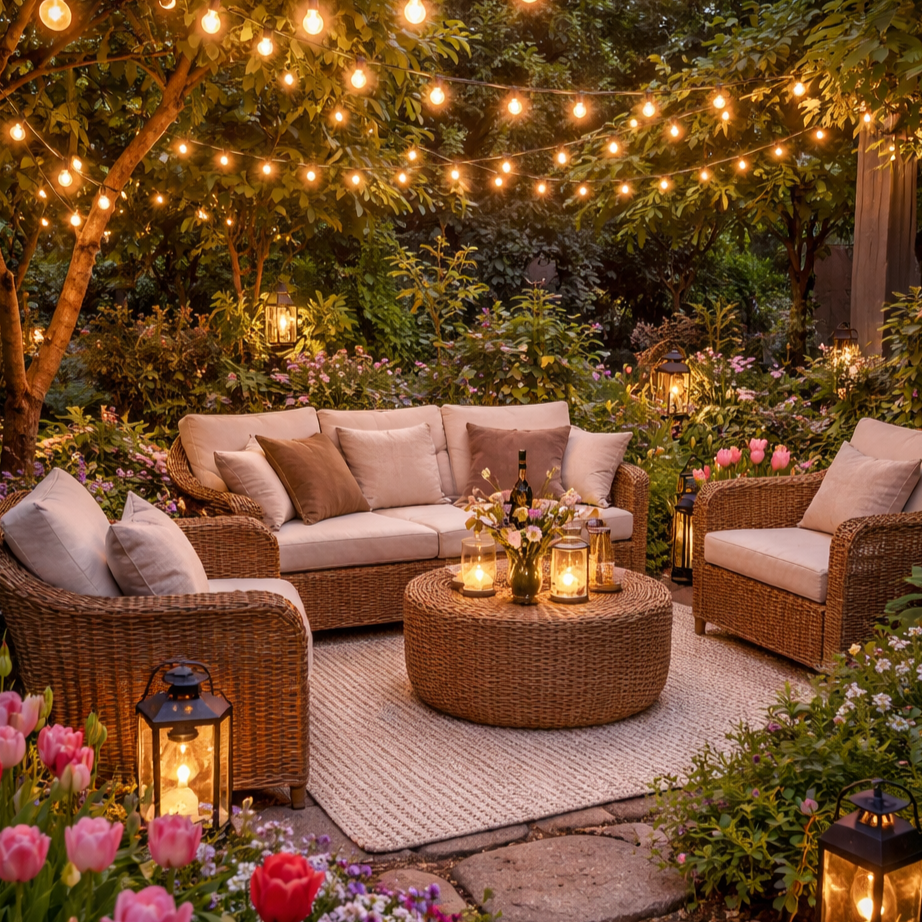Cosy garden with warm solar lights and candles.