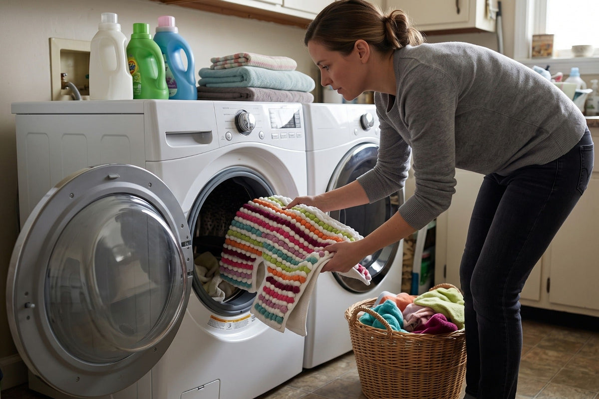 a woman putting a pedestal mat into a washing machine