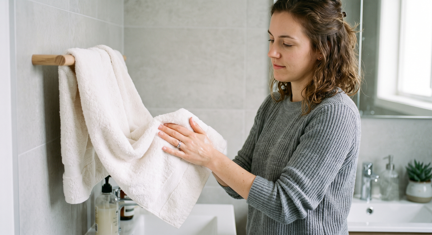 Lady drying her hands in a white towel