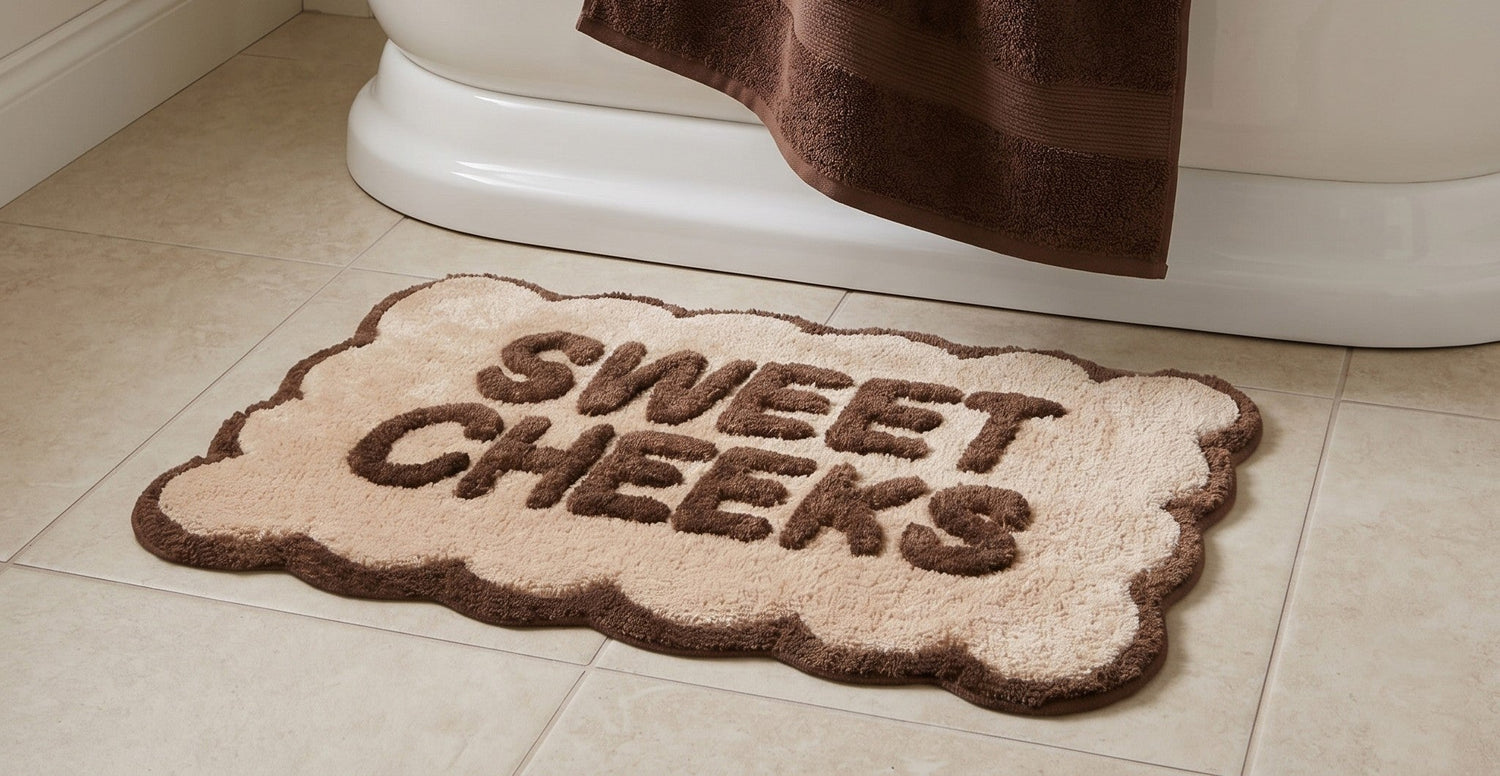 Scalloped bath mat in a neutral bathroom.