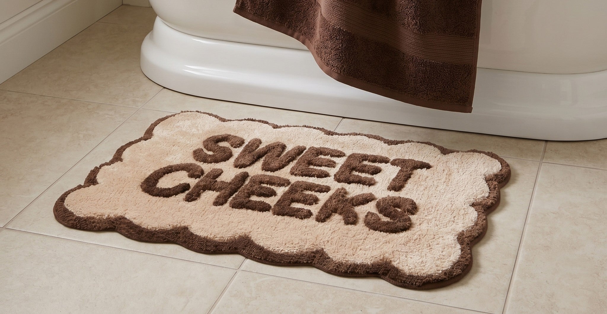 Scalloped bath mat in a neutral bathroom.