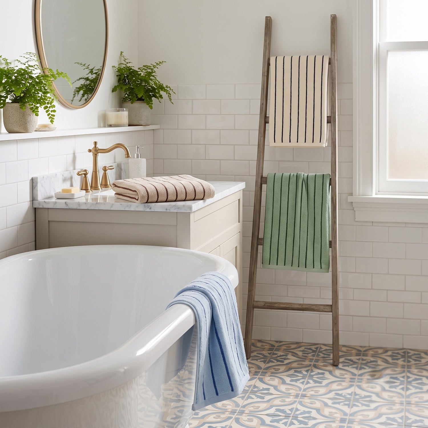 Striped towels for the bathroom in various colours.