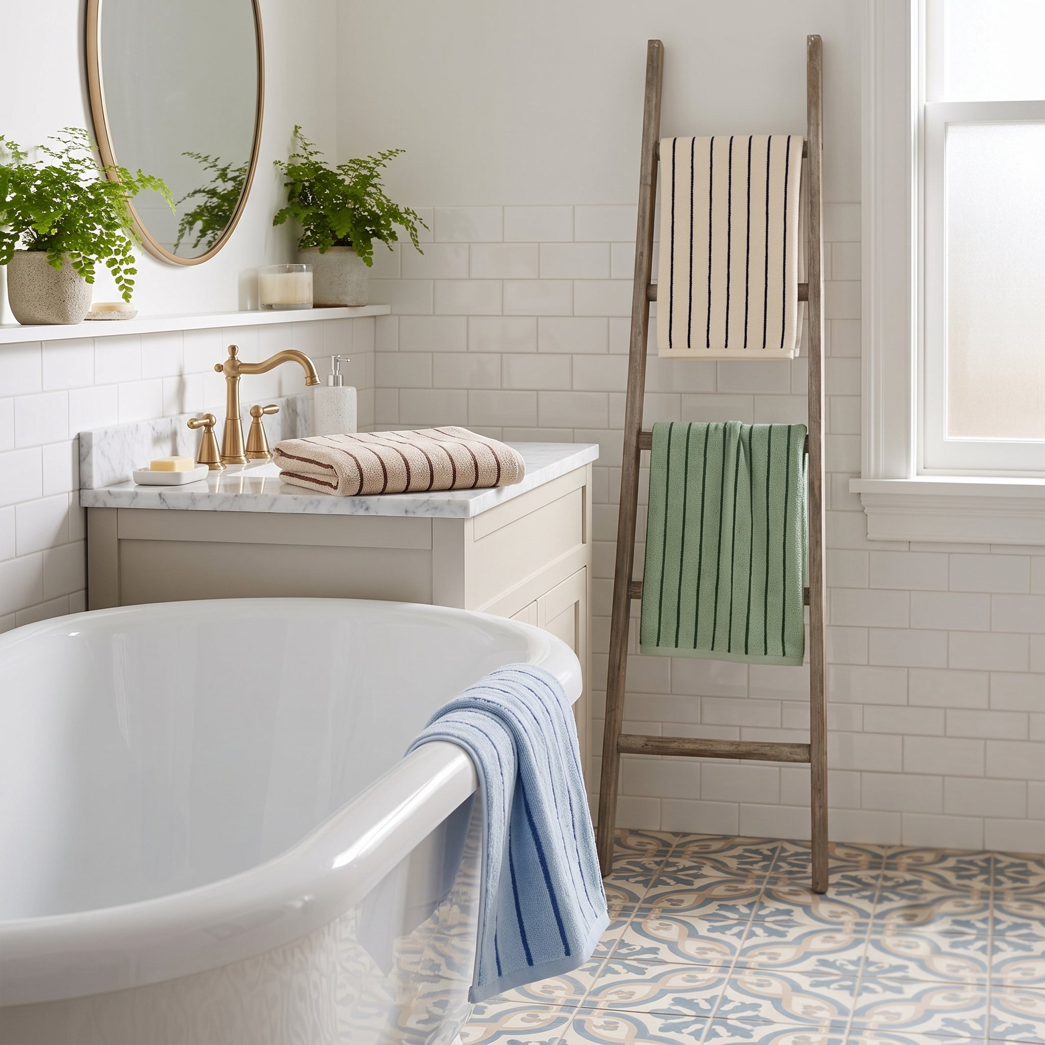 Striped towels for the bathroom in various colours.
