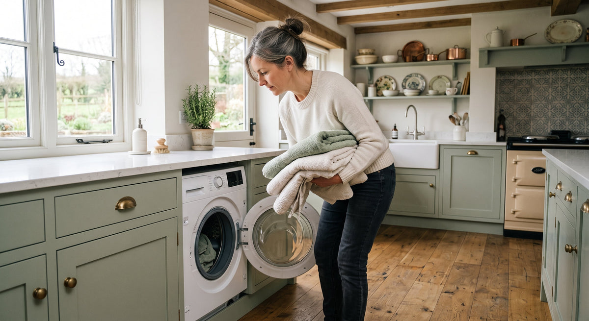 Lady putting towels in washing machine.