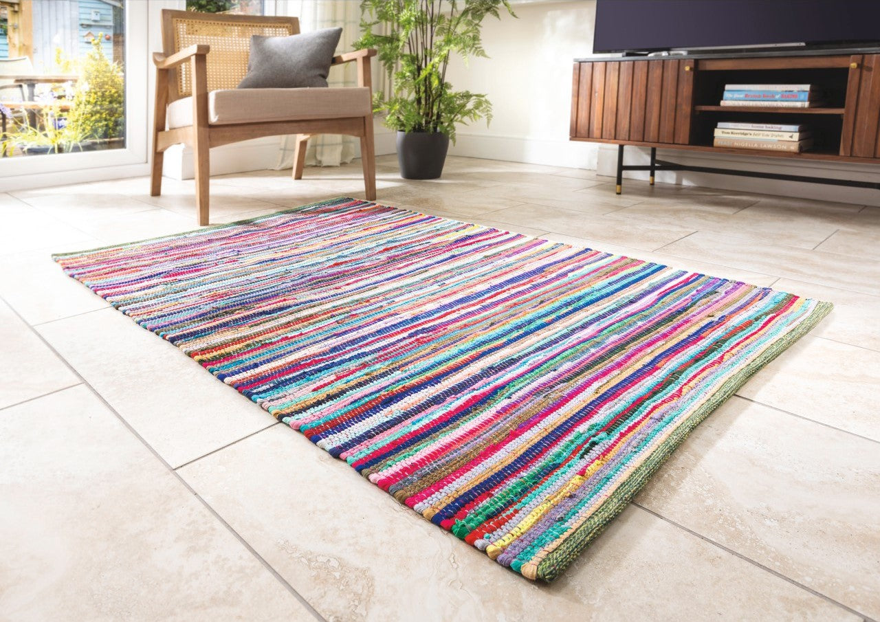 a long colourful rug in a hallway