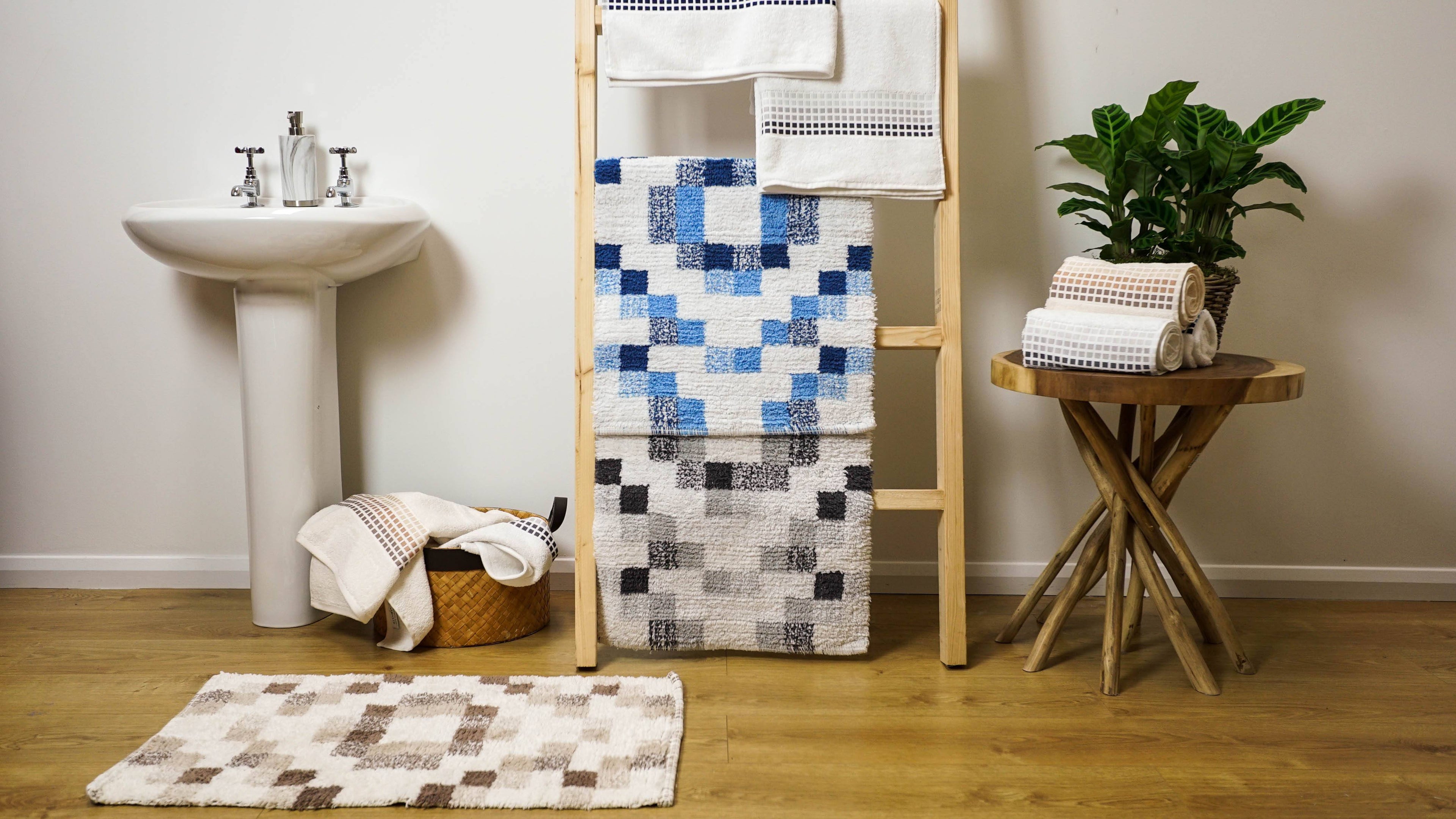mosaic tile bath mats in blue, grey and natural
