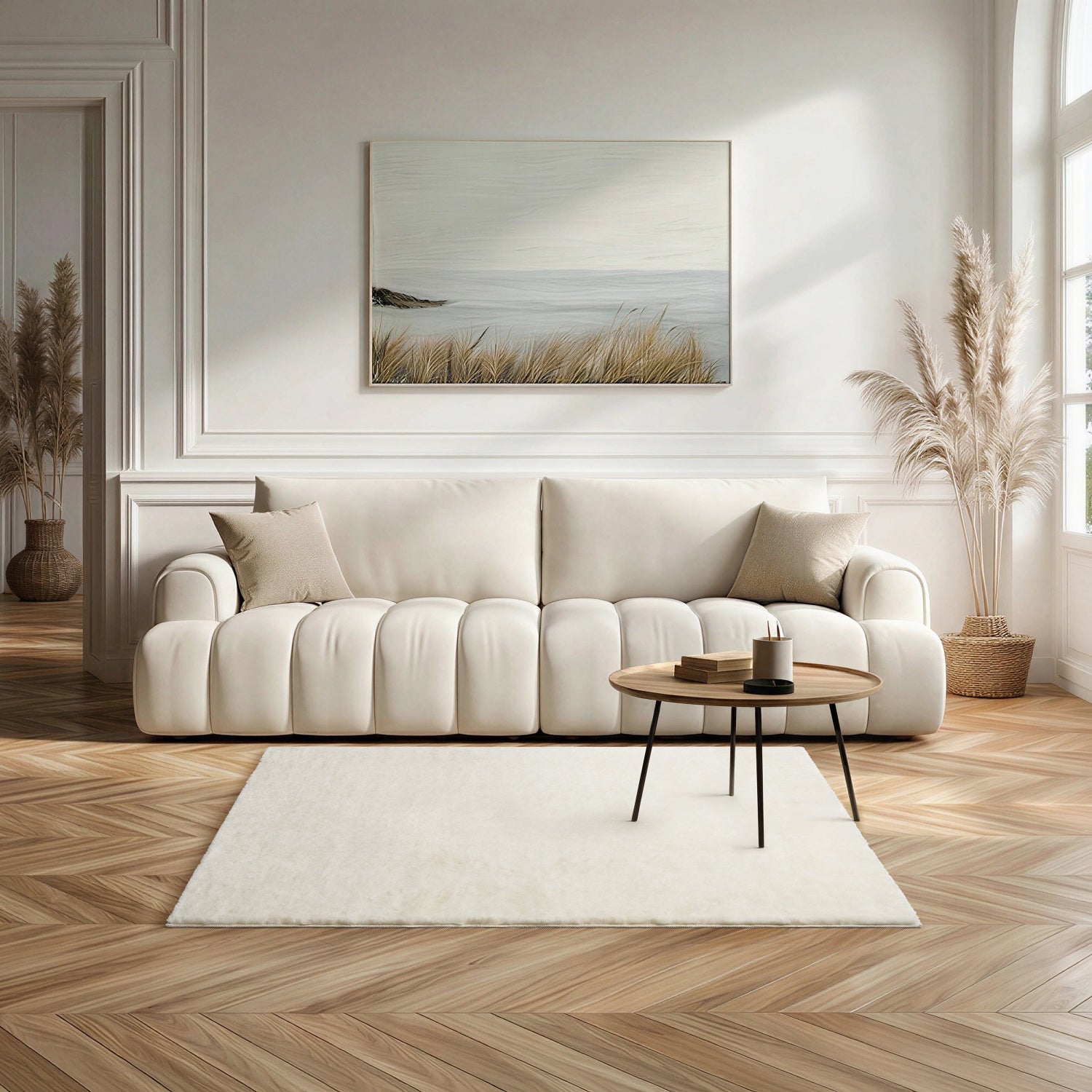 Modern living room with a white sofa, coffee table, and decorative elements with cream softie rug 120 x 170cm