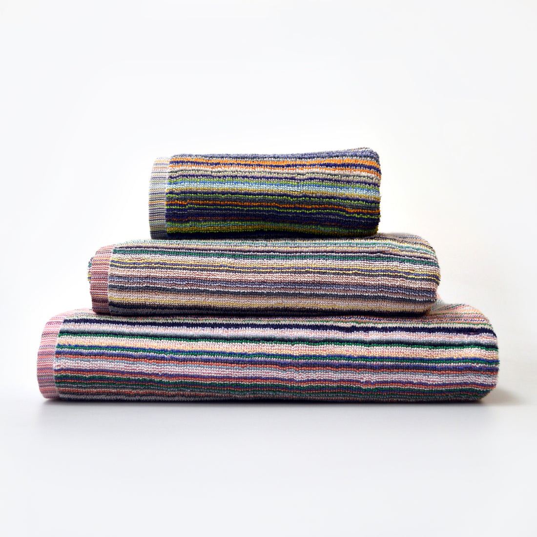 recycled cotton towels made from remnant yarn. Eco friendly, sustainable striped towels