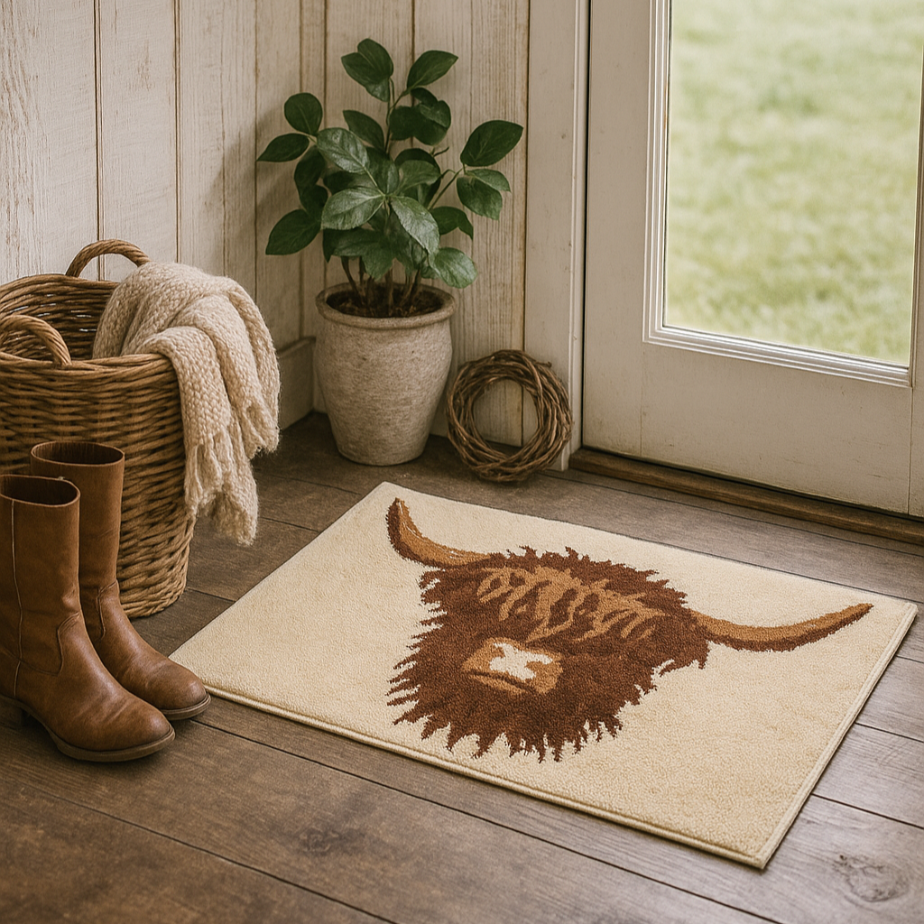 Cute highland cow door mat with non slip backing, easy care and washable.