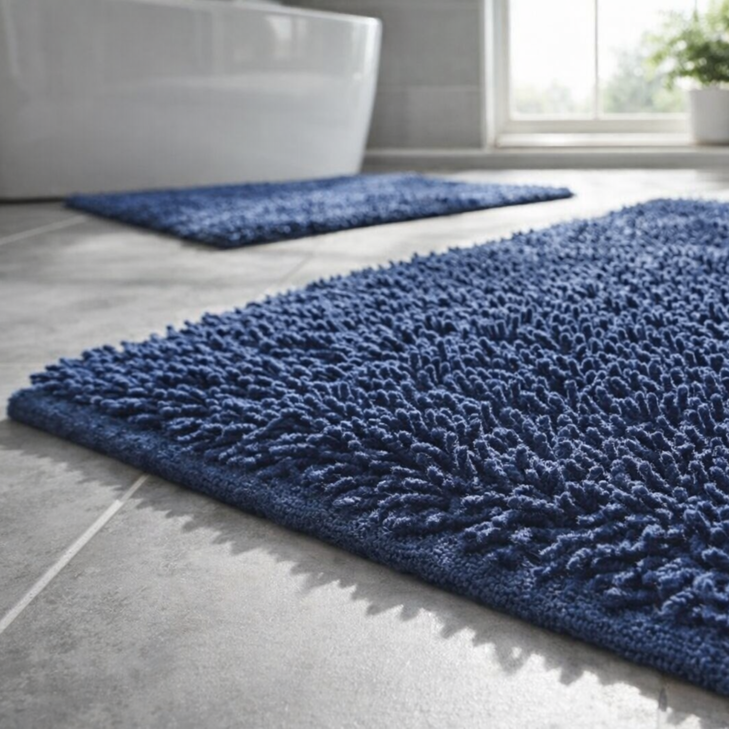 A dark blue shaggy bath mat in a bathroom setting, with a matching bath rug further in the background near a bathtub.