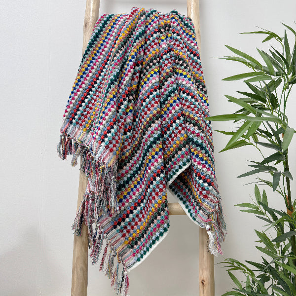 Colourful patterned towels for the bathroom in striking striped design. Fun bath sheet, large size.