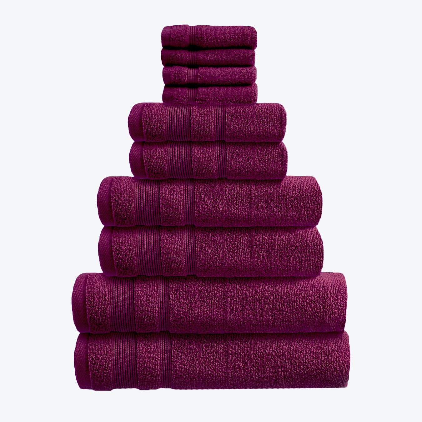 Beetroot Purple Zero Twist 10pc Towel Set Egyptian Cotton Bathroom Towel Bale. Hand Towels, Bath Towels, Bath Sheets, and Face Cloths