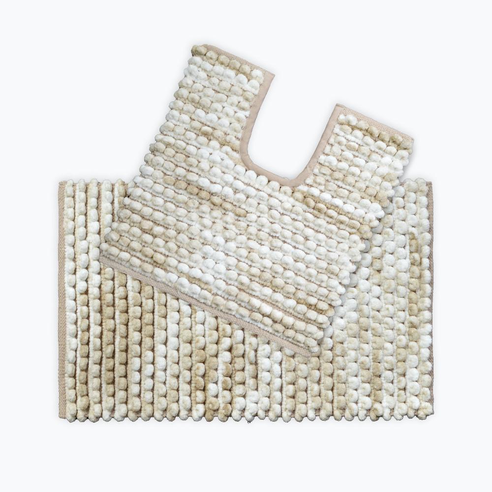 beige marl bathroom mat set. Luxury bobble bath mat and pedestal mat.