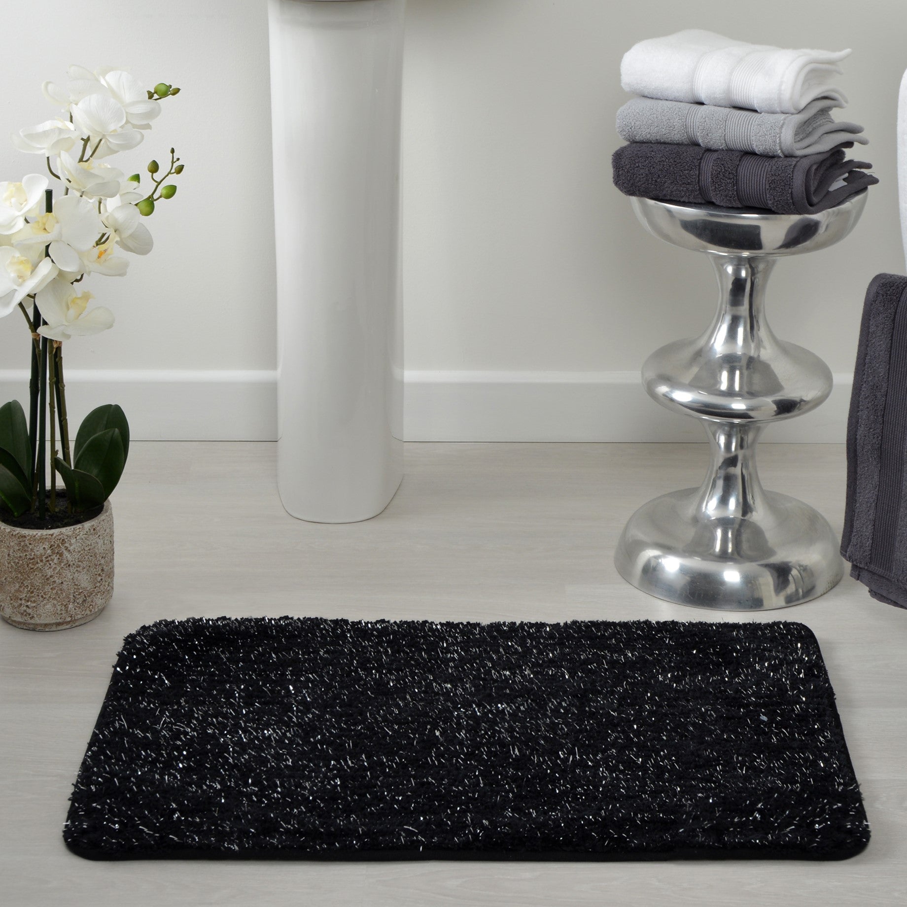 black and silver sparkly bath mat