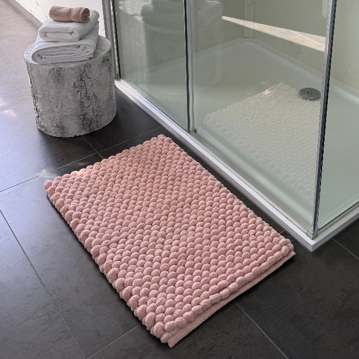 Blush pink luxury bathroom mats, giant bobble mat.