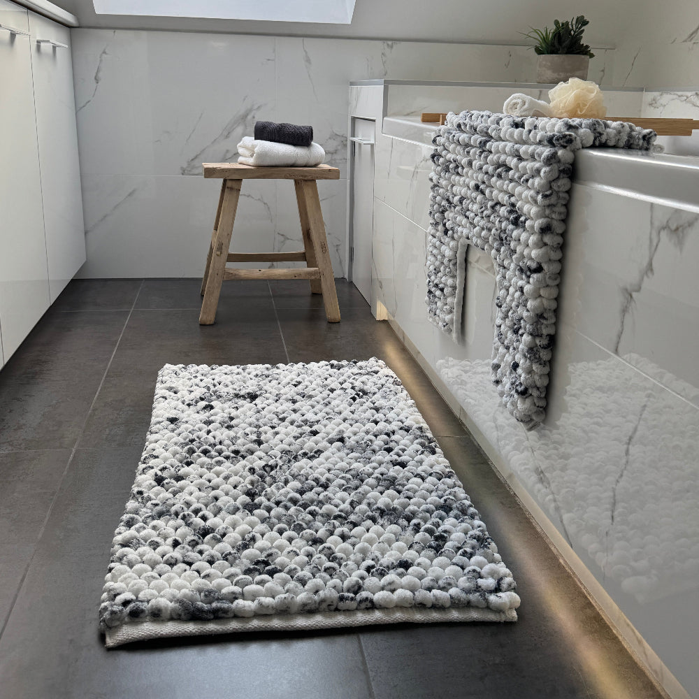 Grey marble rugs for the bathroom, handwoven chunky bobbles.