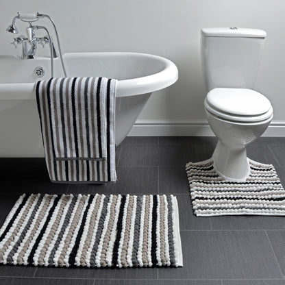 Monochrome striped bathroom mat set - 2pc bath mat and pedestal set in chunky bobble striped design