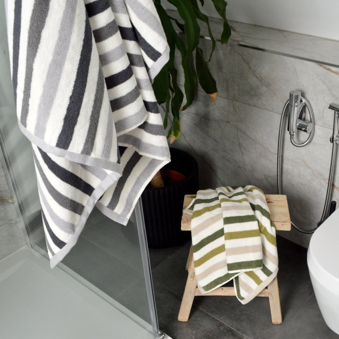 Striped bathroom towels- available in grey stripe and green stripe.