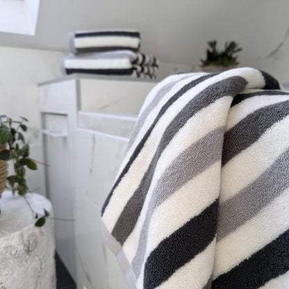 Soft grey striped towels for the bathroom and home.