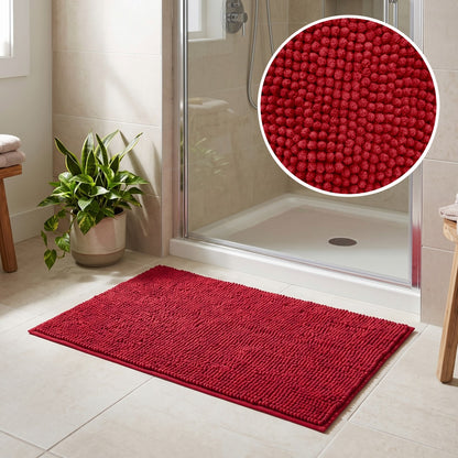 Bright red chenille bobble bath mat, non slip. Super soft and absorbent bathroom mats.