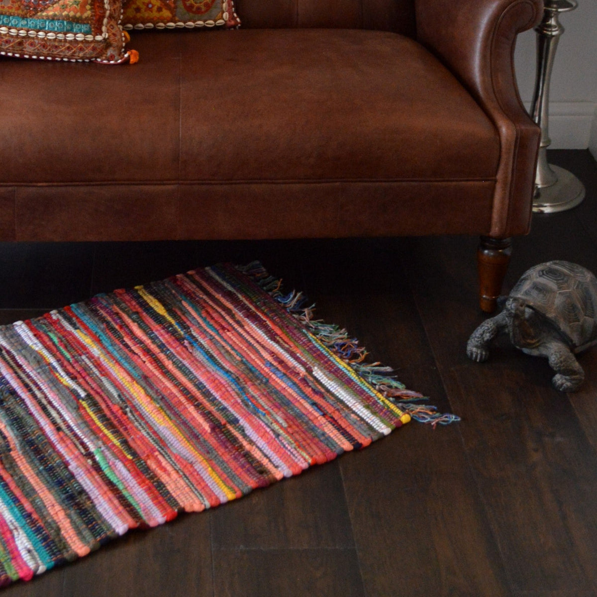 boho striped rag rug, made from discarded fabrics.