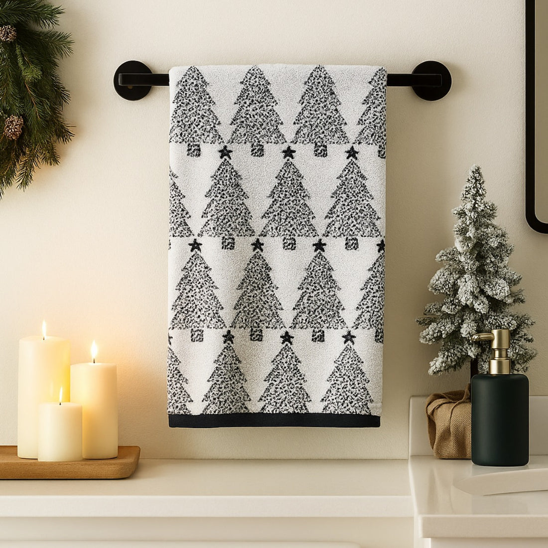 Black and white Christmas Hand towels with monochrome trees pattern.